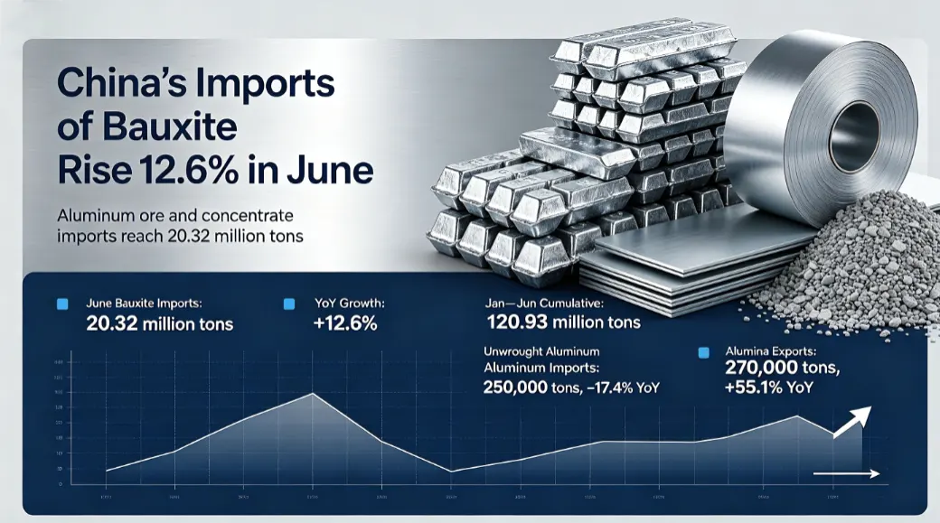 Las importaciones chinas de bauxita y sus concentrados alcanzaron en junio los 20,32 millones de toneladas, lo que representa un aumento interanual del 12,6%.